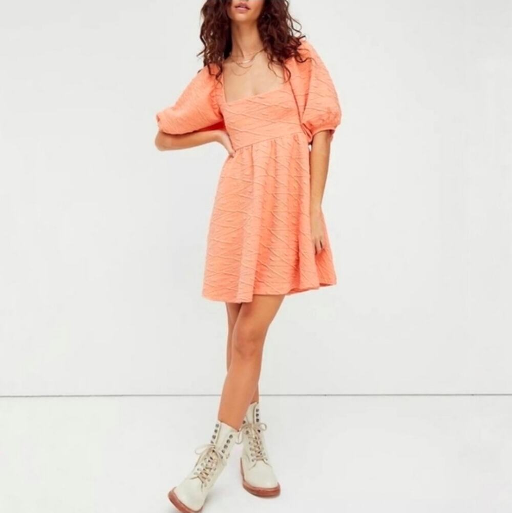 Free People Textured Square Neck Puff Sleeve Tie Back Mini Dress Peach Coral